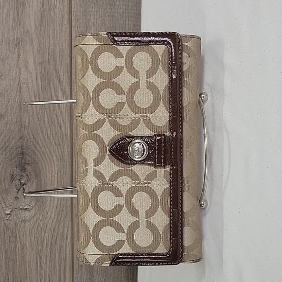 Coach Handbags - Coach Signature Sateen Patent Leather Checkbook Wallet
